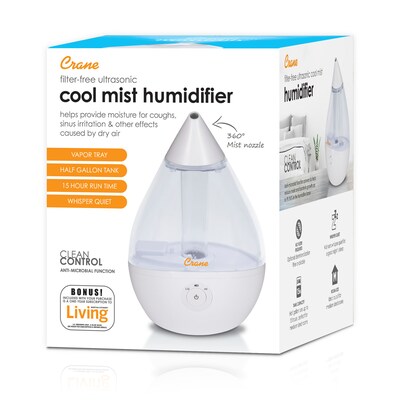 Crane Droplet Ultrasonic Cool Mist Humidifier, 0.5 Gal., Clear/White (EE-5302CW)