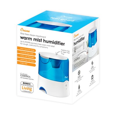 Crane Warm Mist Tabletop Humidifier, 0.5-Gallon, For Rooms 250 sq. ft., Blue/White (EE-5202H)