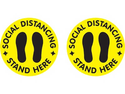 Cosco Floor Decal Social Distancing Stand Here, PVC, 12", Yellow/Black, 2/Pack (098492PK2)