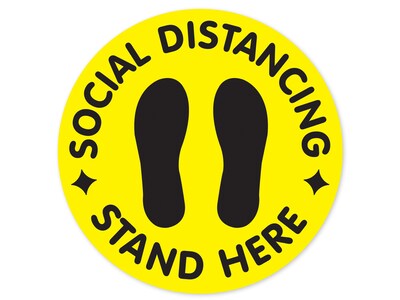 Cosco Floor Decal Social Distancing Stand Here, PVC, 12", Yellow/Black, 2/Pack (098492PK2)