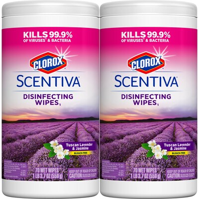 Clorox Scentiva Disinfecting Wipes, Tuscan Lavender & Jasmine Scent, 70 Wipes/Container, 2/Pack (32331)