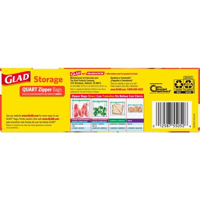 Glad® Zipper Storage Bags, Quart, 25/Box (55052)