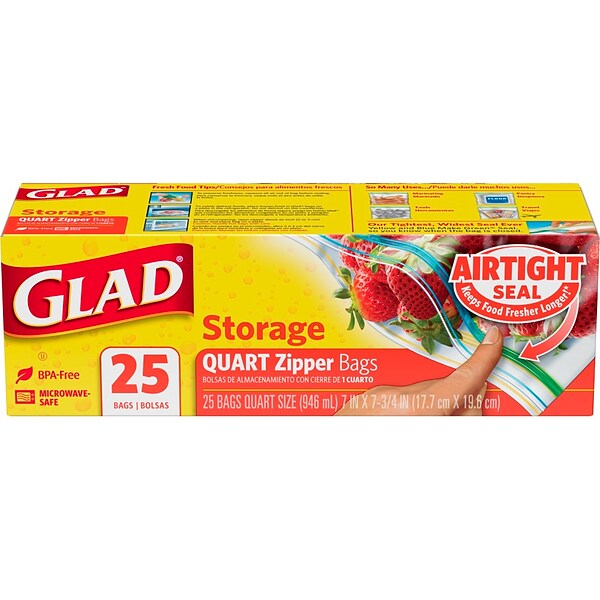 Glad® Zipper Storage Bags, Quart, 25/Box (55052)