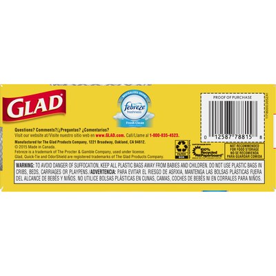 Glad® Medium Quick-Tie Trash Bags - OdorShield® 8 Gallon White Trash Bag, Febreze Fresh Clean - 26 Count Each (78815)