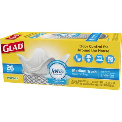 Glad® Medium Quick-Tie Trash Bags - OdorShield® 8 Gallon White Trash Bag, Febreze Fresh Clean - 26 Count Each (78815)