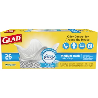 Glad® Medium Quick-Tie Trash Bags - OdorShield® 8 Gallon White Trash Bag, Febreze Fresh Clean - 26 Count Each (78815)