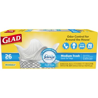 Glad® Medium Quick-Tie Trash Bags - OdorShield® 8 Gallon White Trash Bag, Febreze Fresh Clean - 26 Count Each (78815)