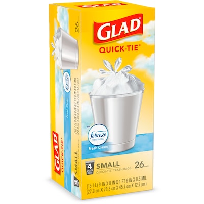 Glad OdorShield 4 Gallon White Trash Bag, Febreze Fresh Clean Scent, 26 Bags/Box (78812)