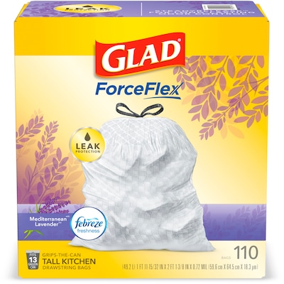 Glad OdorShield Febreze 13 gal. Tall Kitchen Trash Bags, .72 mil., White, 110/Box (79157)