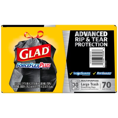 Glad Large ForceFlexPlus™ 30 Gallon Black Trash Bag, 70 Count (70358)