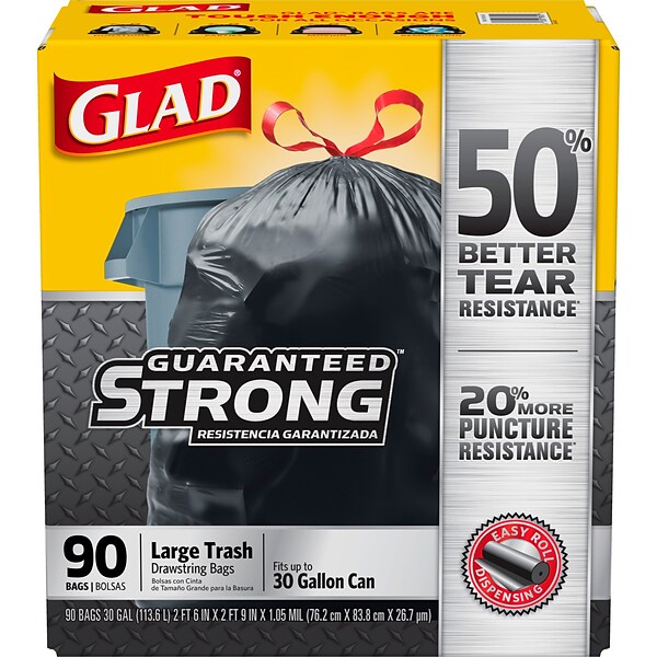 Glad® Large Drawstring Trash Bags - Extra Strong 30 Gallon Black Trash Bag, 90 Count (78952)