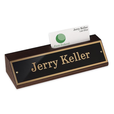 Custom Walnut Desk Block with Name Plate Sign and Business Card Holder, 2 x 8