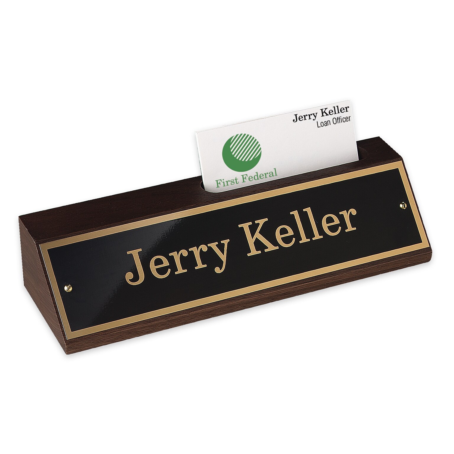 Custom Walnut Desk Block with Name Plate Sign and Business Card Holder, 2 x 8