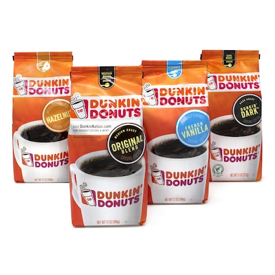 Dunkin Donuts Caffeine Ground Coffee Variety Box, 4/Bundle