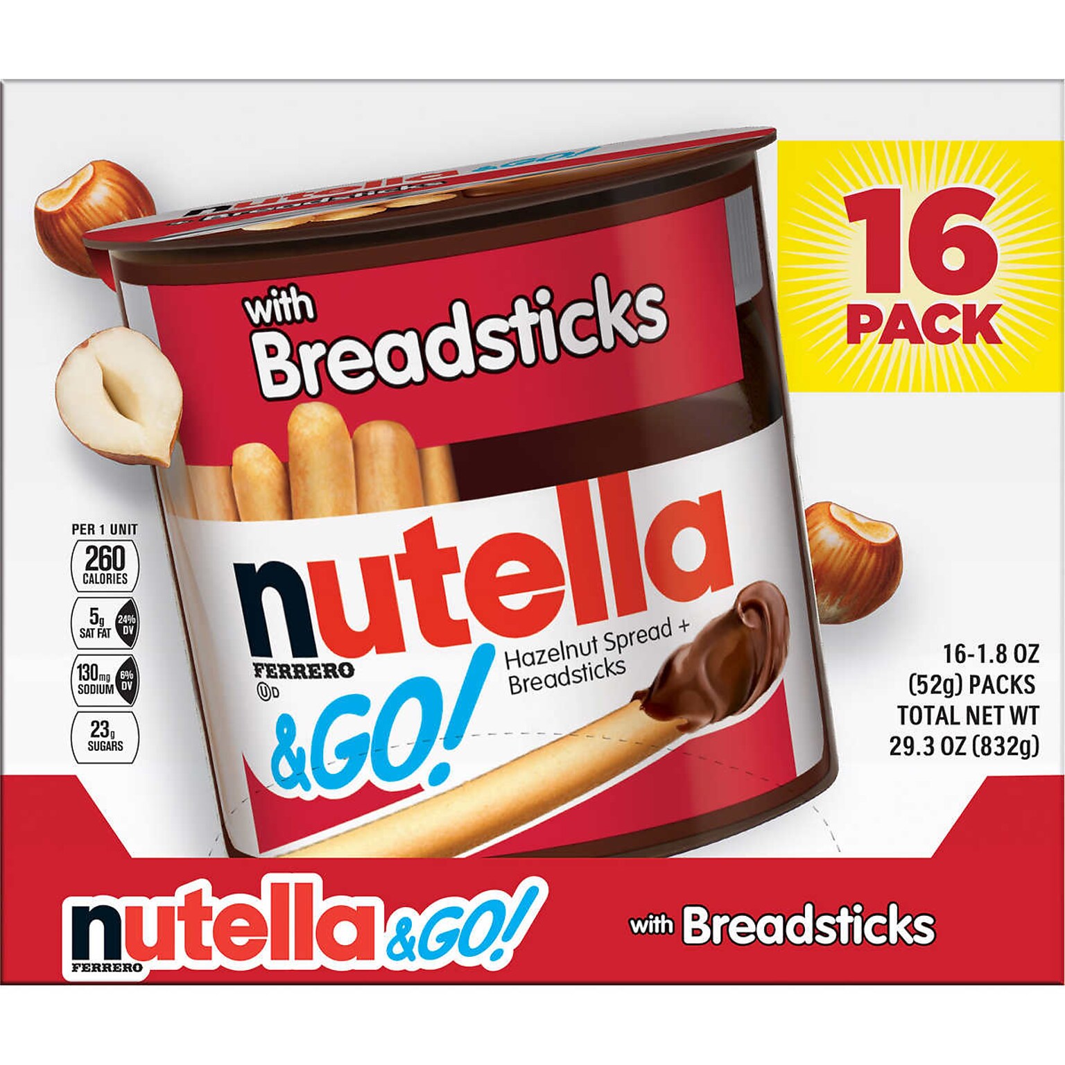 Nutella Chocolate Hazelnut Spread with Breadsticks, 1.8 oz., 16/Pack (80016)