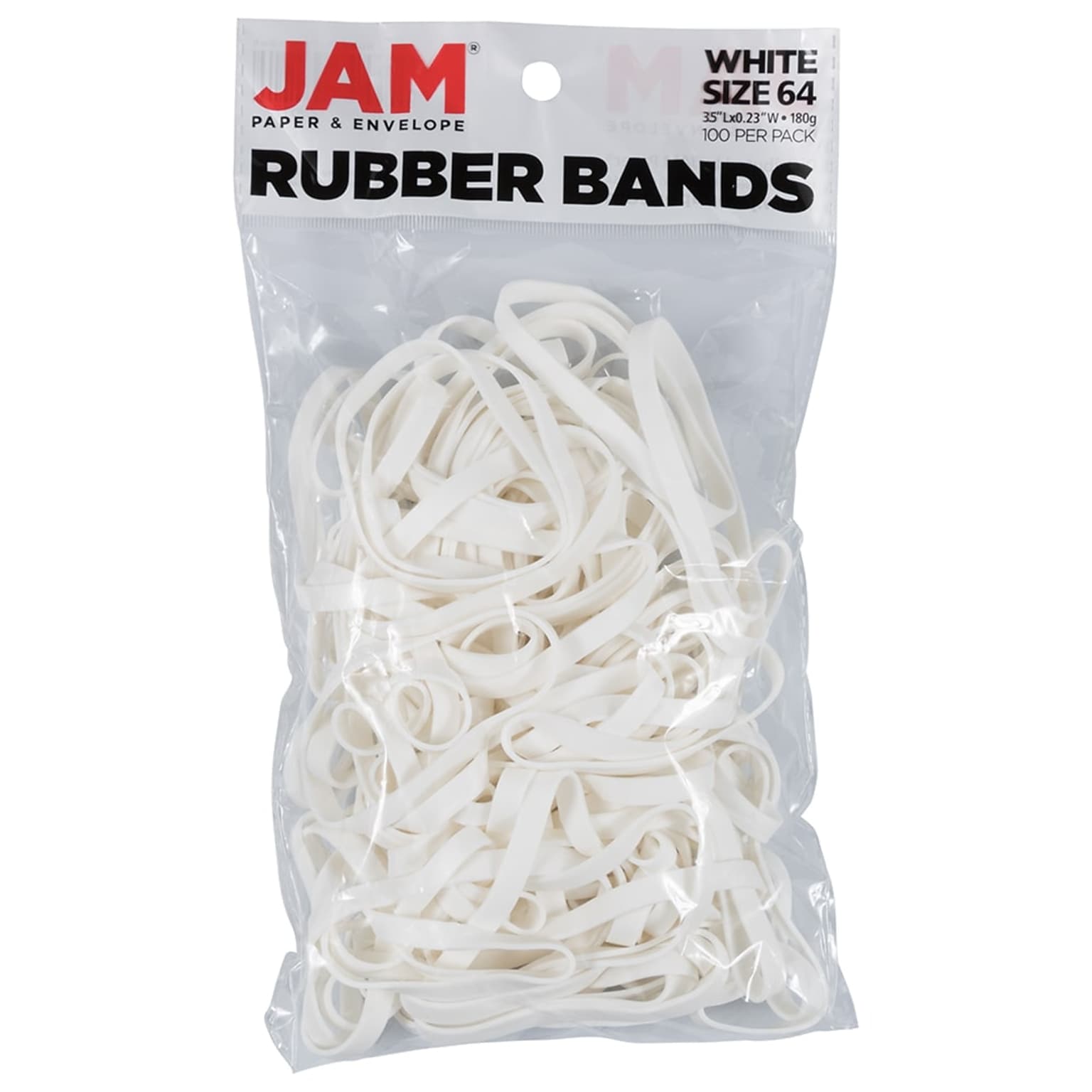 JAM Paper Colored Multi-Purpose #64 Rubber Bands, 3.5 x 0.25, Latex Free, White, 100/Pack (33364RBWH)