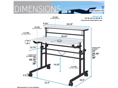 Techni Mobili 36" Mobile Desk, White/Black (RTA-3800SU-WHT)