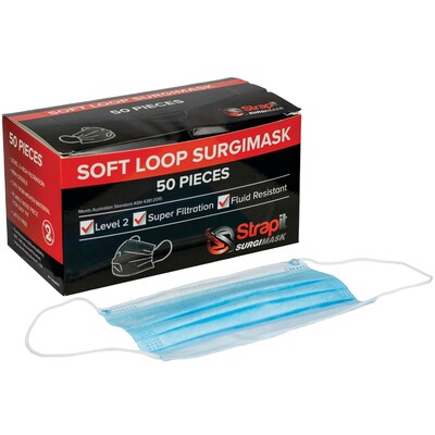 Strapit Disposable Surgical-Grade SurgiMask, 3-Ply, Blue, 50/Box (70-0663-50)