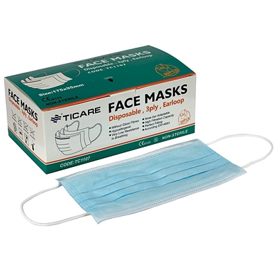 Ticare Disposable Face Mask, 3-Ply, Blue, 50/Box (70-0664-50)