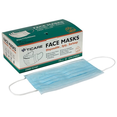 Ticare Disposable Face Mask, 3-Ply, Blue, 2000/Box (70-0664-2000)