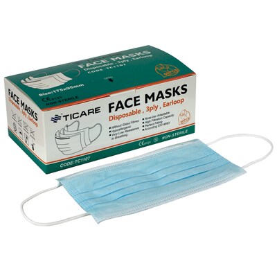 Ticare Disposable Face Mask, 3-Ply, Blue, 2000/Box (70-0664-2000)