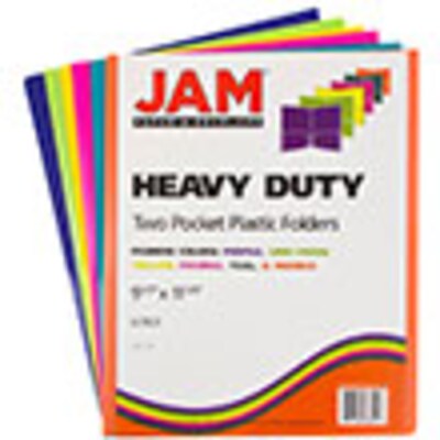 JAM PAPER Heavy Duty Plastic 3 Hole Punch School Folders with Pockets - Assorted Primary Colors - 6/Pack