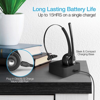 Naztech Wireless Bluetooth Noise Canceling Over-the-Head Headset with Base, Black (15183)