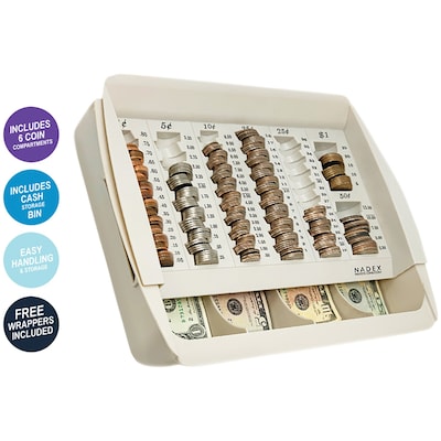 Nadex Coins 2-Tier Cash and Coin Handling Tray, 11-Compartment, Gray (NCS8-1086)