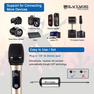 Blackmore Pro Audio BMP-13 Handheld Rechargeable Wireless UHF Microphone System, Gold