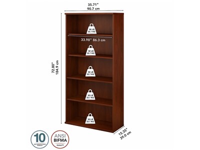 Bush Business Furniture Studio C 73"H 5-Shelf Bookcase with Adjustable Shelves, Hansen Cherry Laminated Wood (SCB136HC-Z)