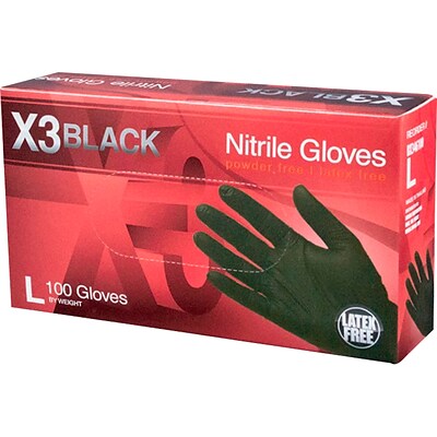 X3 Powder Free Black Nitrile Rubber Gloves, Large, 100/Box (BX346100)