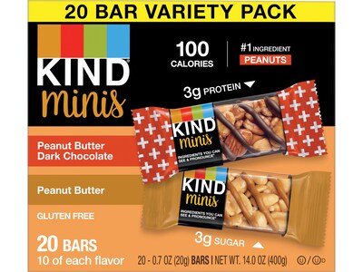 KIND Minis Bars, Peanut Butter and Dark Chocolate/Peanut Butter, 0.7 Oz., 20/Pack (27967)