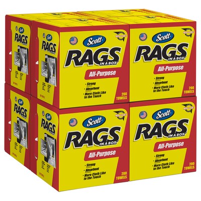 Scott Rags In a Box Fabric Wipers, White, 200 Wipers/Box, 8 Boxes/Carton (75260)