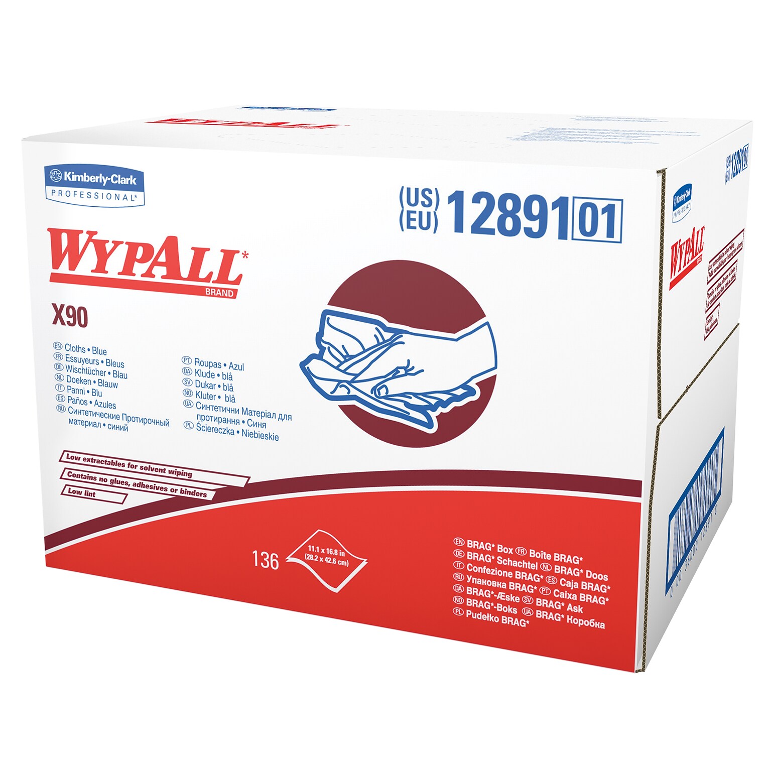 WypAll X90 Cleaning Cloths, 16.8 x 11.1, Blue and Denim, 0.33 lbs., 136 Cloths/Pack (12891)