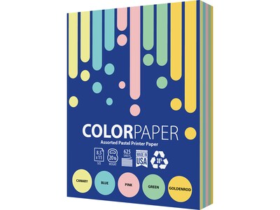 Domtar 30% Recycled Colored Paper, 20 lbs., 8.5 x 11, Assorted Pastels, 625 Sheets/Ream (4048)