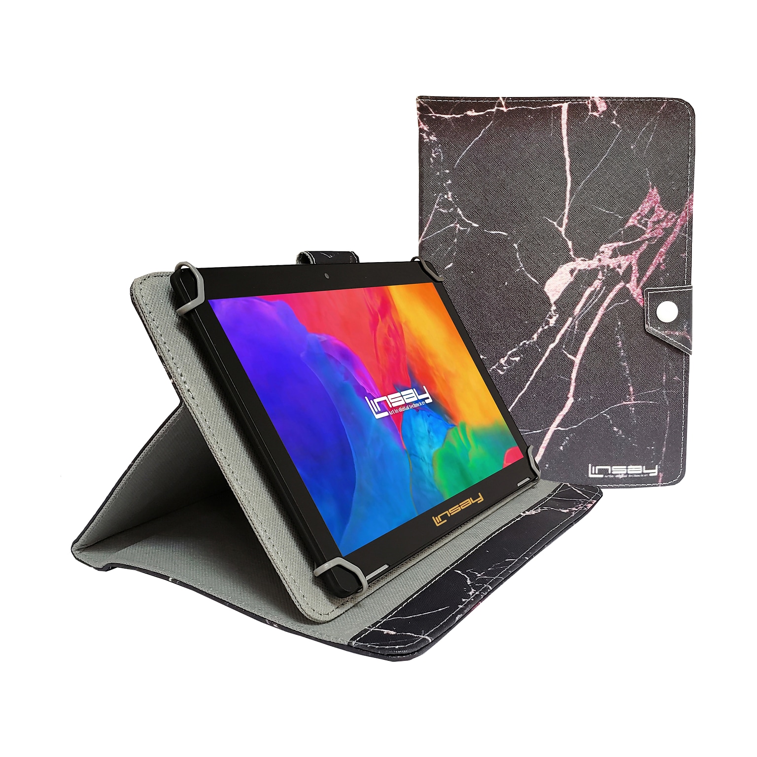 Linsay 10.1 Tablet with Case, WiFi, 2GB RAM, 64GB Storage, Android 13, Black with Black/Pink Marble (F10IPBAPI)