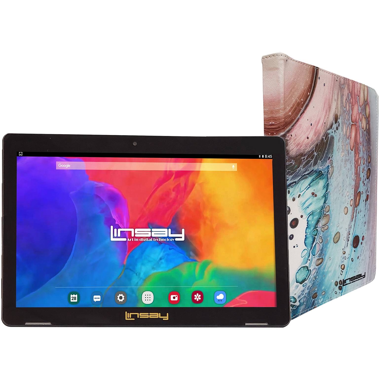 Linsay 10.1 Tablet with Case, WiFi, 2GB RAM, 64GB Storage, Android 13, Black/Space Marble (F10IPSPAC)