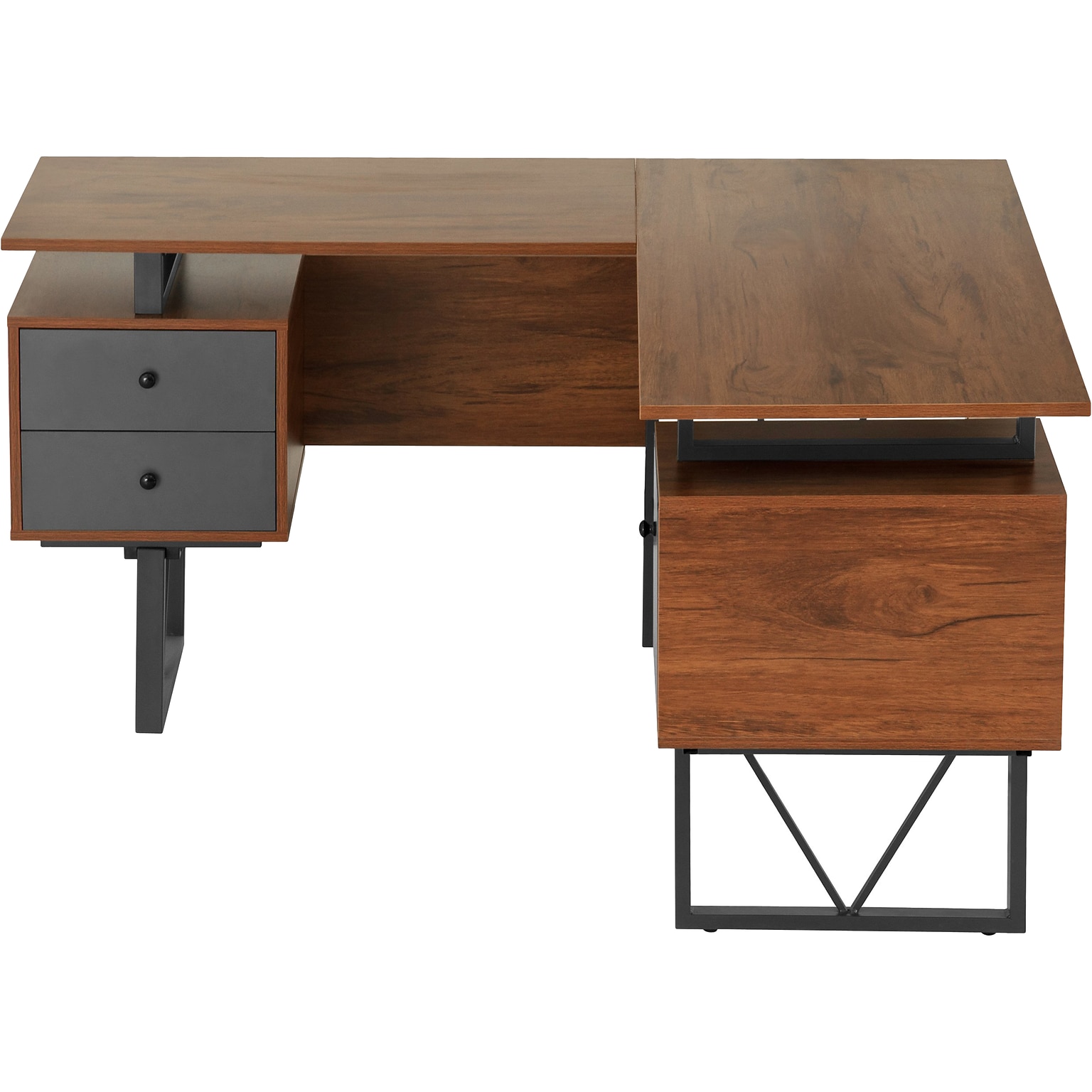 Techni Mobili 59 L-Shaped Desk with Drawers and File Cabinet, Walnut/Black (RTA-4809DL-WAL)