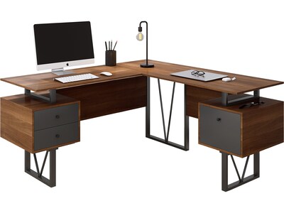 Techni Mobili 59" L-Shaped Desk with Drawers and File Cabinet, Walnut/Black (RTA-4809DL-WAL)