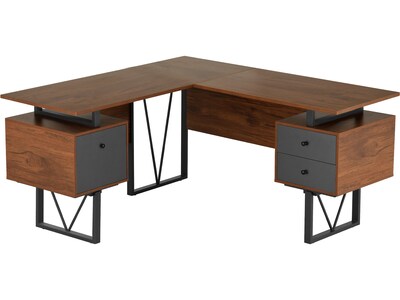 Techni Mobili 59" L-Shaped Desk with Drawers and File Cabinet, Walnut/Black (RTA-4809DL-WAL)