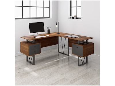 Techni Mobili 59" L-Shaped Desk with Drawers and File Cabinet, Walnut/Black (RTA-4809DL-WAL)