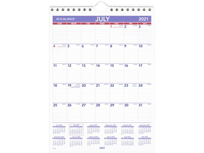 2021-2022 AT-A-GLANCE 11 x 8 Academic Wall Calendar, White/Purple/Red (AY1-28-22)