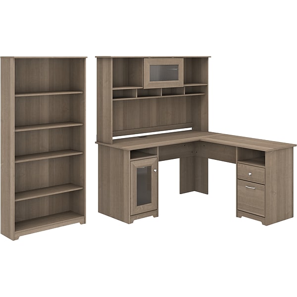 Bush Furniture Cabot 60W L-Shaped Desk with Hutch and 5-Shelf Bookcase, Ash Gray (CAB011AG)