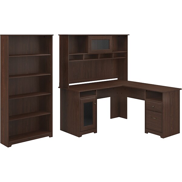 Bush Furniture Cabot 60 L-Shaped Desk with Hutch and 5-Shelf Bookcase, Modern Walnut (CAB011MW)