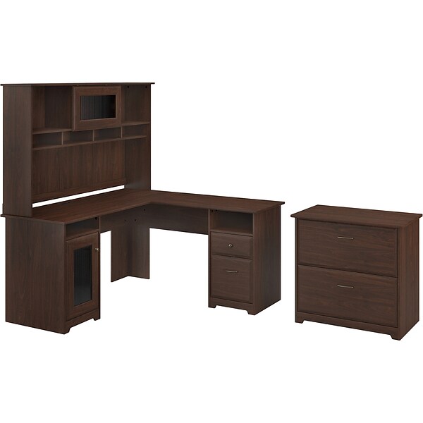 Bush Furniture Cabot 60 L-Shaped Desk with Hutch and Lateral File Cabinet, Modern Walnut (CAB005MW)