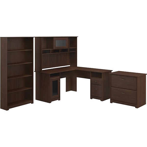 Bush Furniture Cabot 60 L-Shaped Desk with Hutch, 5-Shelf Bookcase, and Lateral File Cabinet, Modern Walnut (CAB010MW)