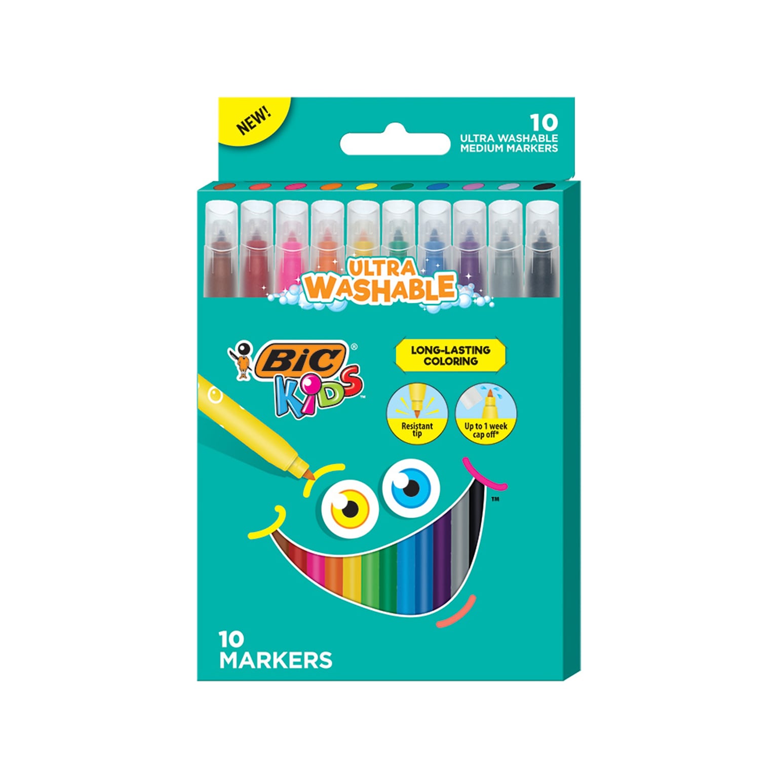 BIC Kids Ultra Washable Markers, Medium Point, Assorted Colors, 10 Markers/Box (BKCM10-AST)