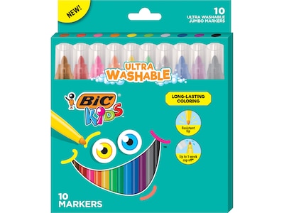 BIC Kids Ultra Washable Markers, Jumbo Chisel Point, Assorted Colors, 10 Markers/Box (BKCMJ10-AST)