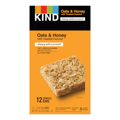 KIND Gluten Free Healthy Grains Oats & Honey Toasted Coconut Nut Bars, 1.2 oz, 12/Box (PHW18080)