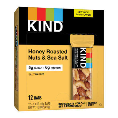 KIND Gluten Free Honey Roasted Nuts & Sea Salt Nut Bars, 1.4 oz, 12 Bars/Box (PHW19990)